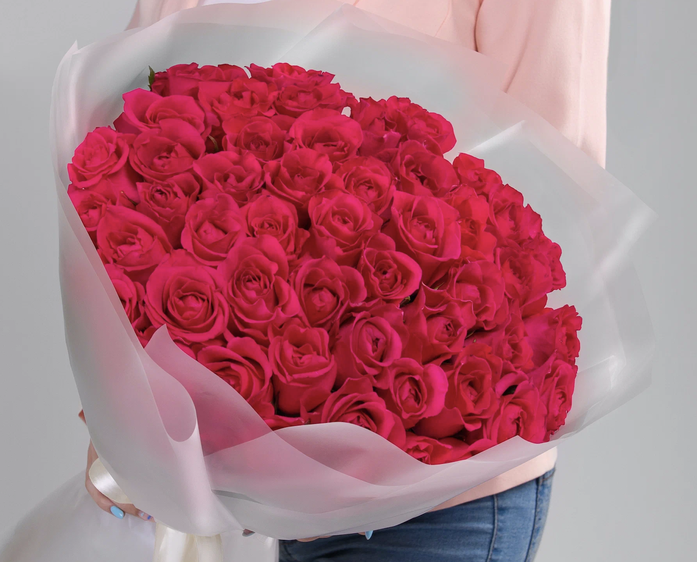 Букет малиновых роз 51шт 60-70-80см
